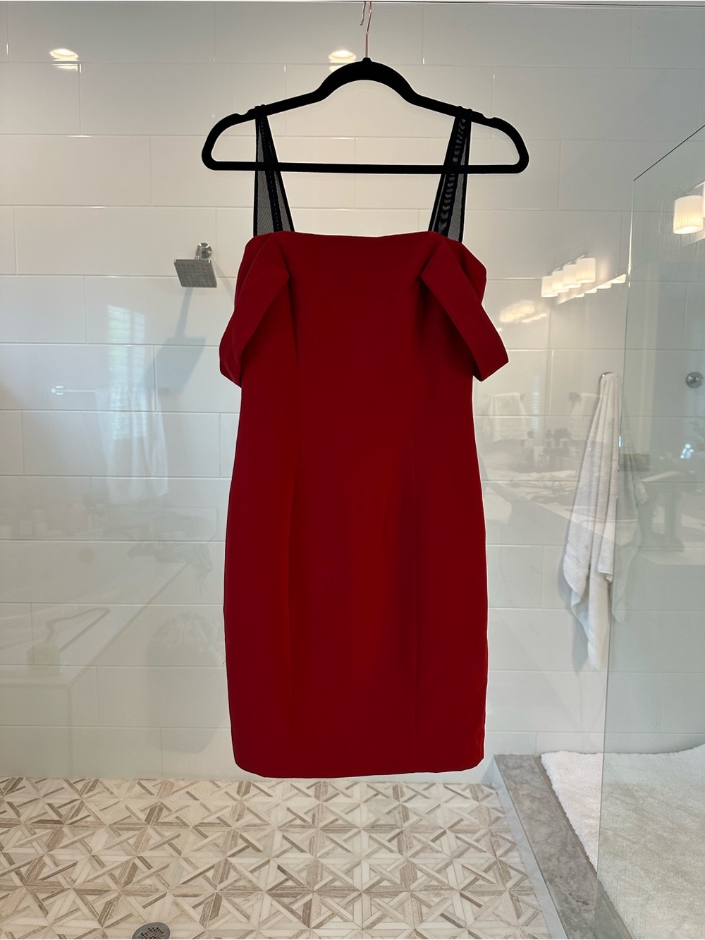 cinq a sept Red Off-Shoulder Mini Dress with Black Straps